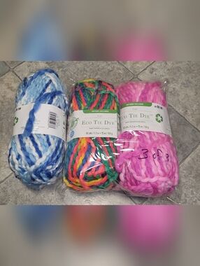 3 Skeins - Loops & Threads Eco Tie Dye Chunky Yarn Blue #02, Pink #33, Multi #19